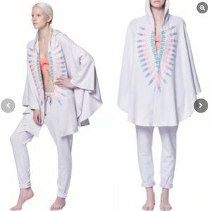 MARA HOFFMAN Lavender Purple Feather Hooded Cape Embroidered Open Front Terry